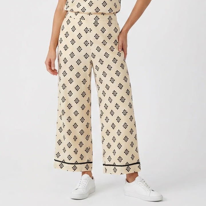 Fashion Cream Black Floral Wide Leg Pants Large Cotton Blend Boho Retro