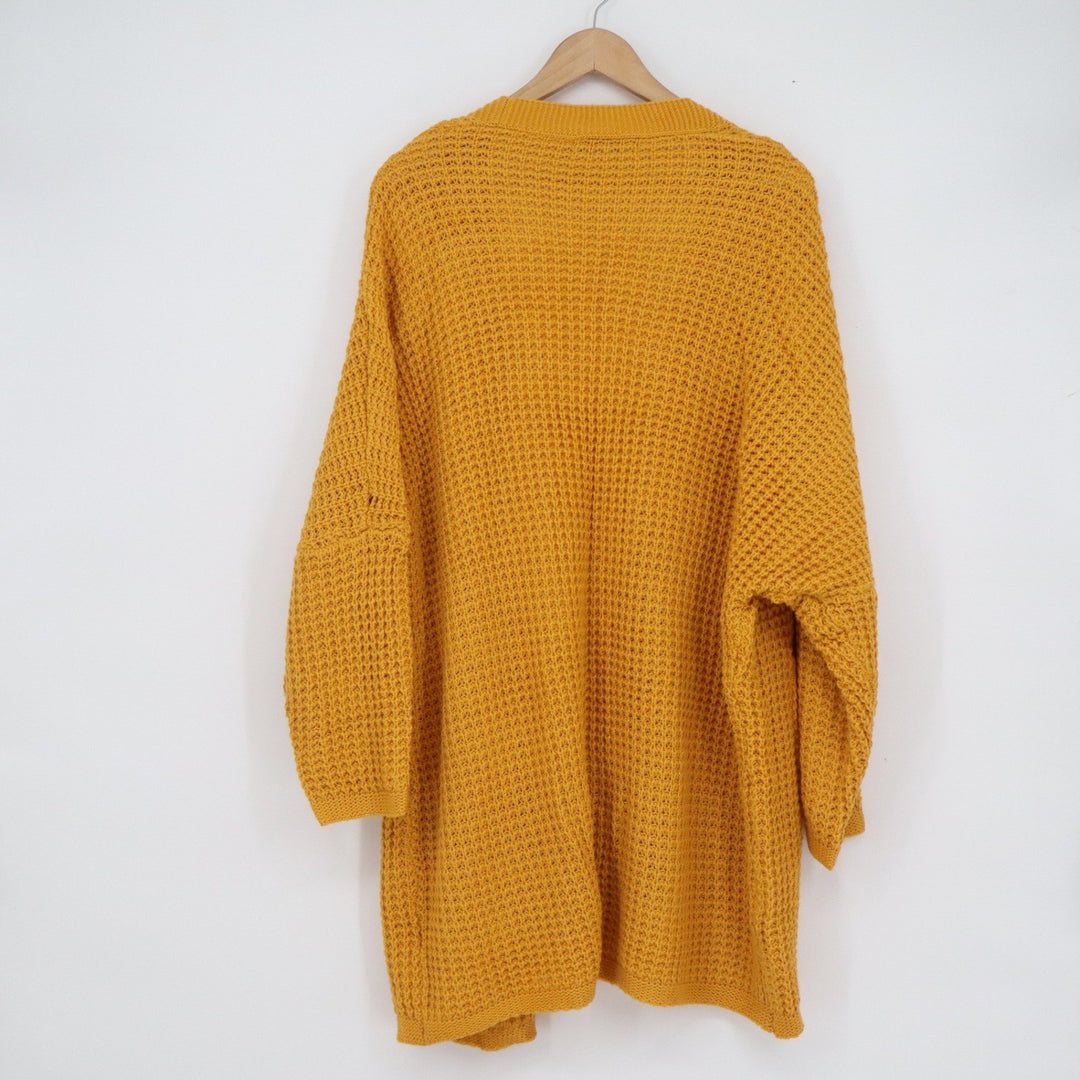 Fashion Womens XL Mustard Yellow Waffle Knit Open Front Cardigan Sweater Pockets