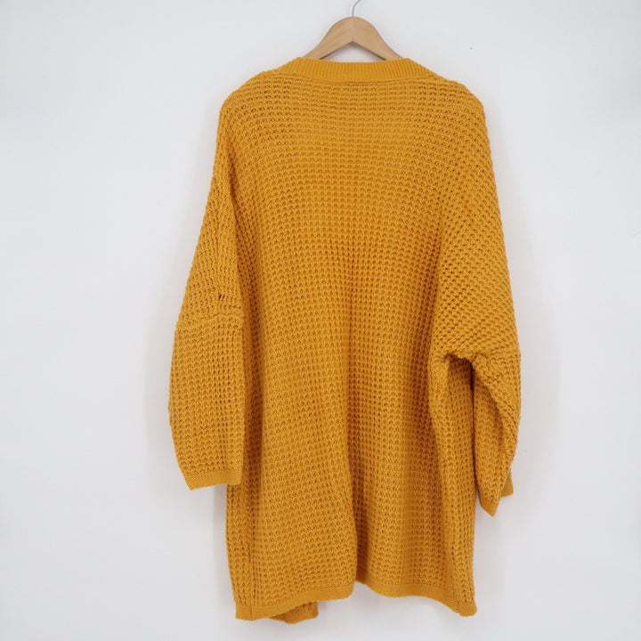 Fashion Womens XL Mustard Yellow Waffle Knit Open Front Cardigan Sweater Pockets