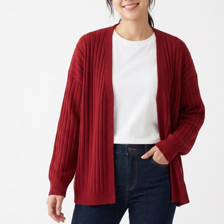 Shein Cardigan Sweater Women Large Burgundy Tight Knit Ribbed Stretch Open Front