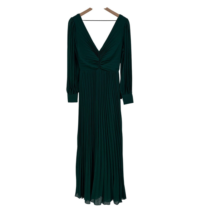 Lulus Sophisticated Grace Emerald Green Pleated Long Sleeve Maxi Dress Size S
