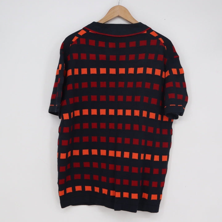 Stacy Adams Mens Knit Polo Shirt Medium Navy Orange Red Geometric Checkered S/S