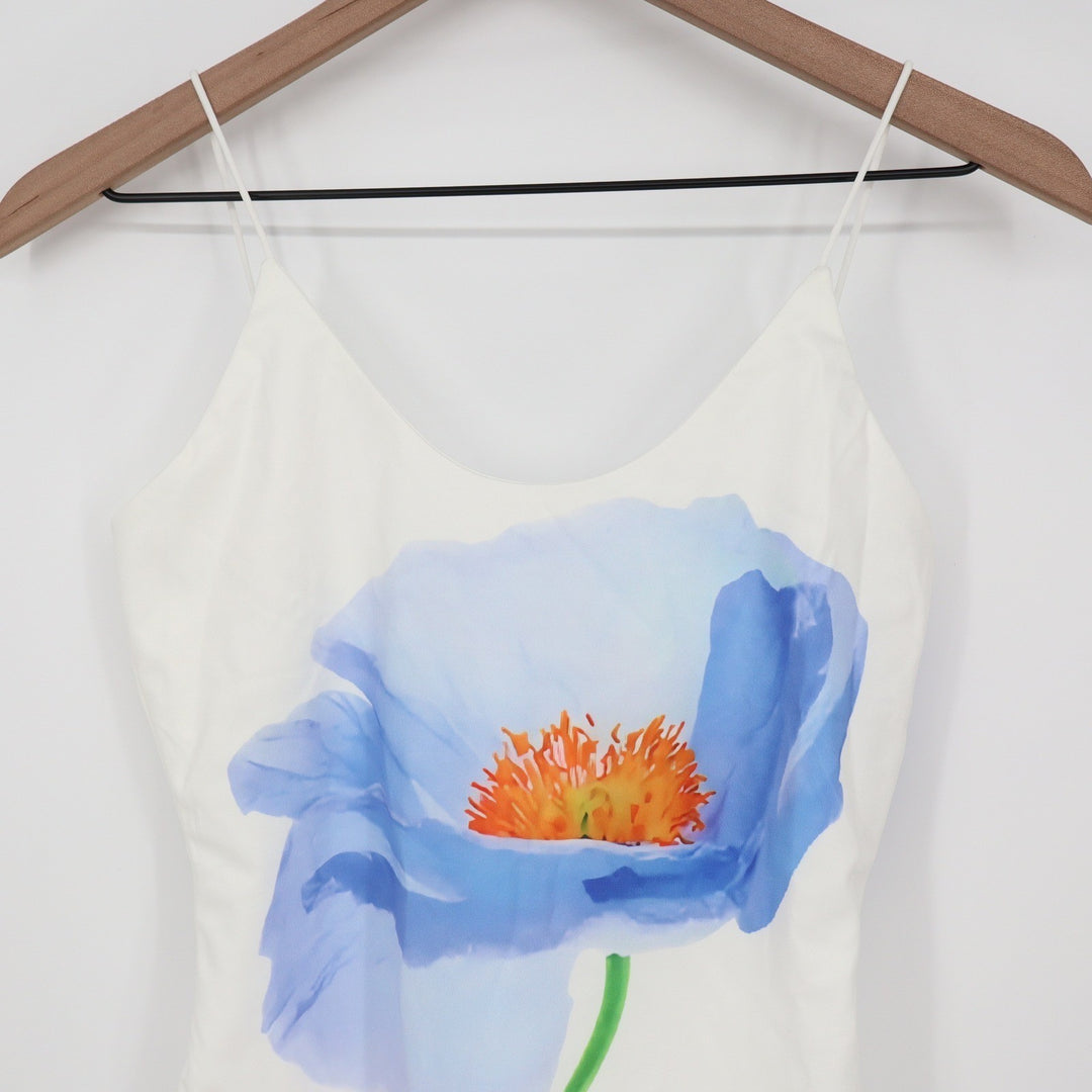 Commense Floral Poppy Print Mini Dress White Blue Pink XS Spaghetti Strap