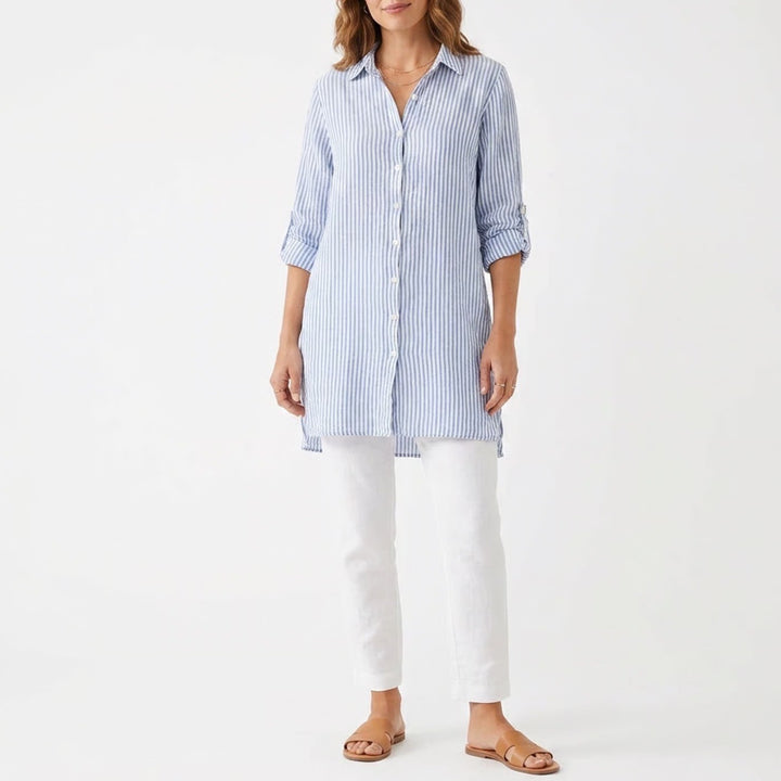 Blue Island Womens XL Blue White Striped Rayon Button Down Tunic Shirt