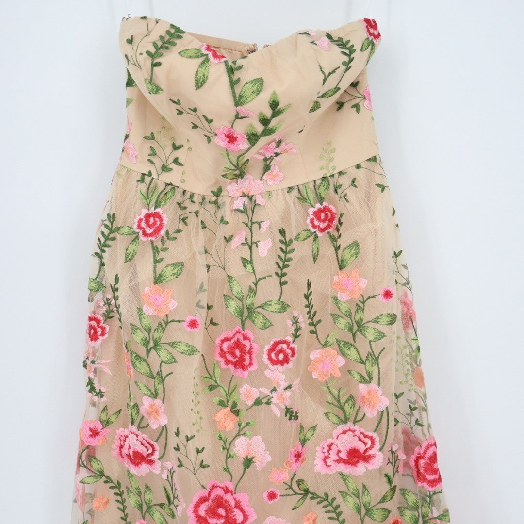 Lulus Endless Praise Midi Dress Womens Small Beige Floral Embroidered Strapless