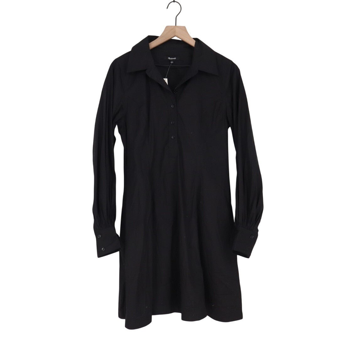 Madewell Seamed Mini Shirt Dress Womens 8 Black Cotton Long Sleeve Spread Collar