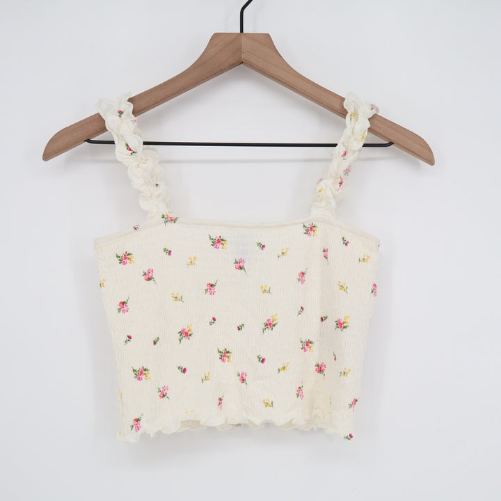 Forever 21 Cream Ditsy Floral Smocked Ruffle Strap Crop Top Small