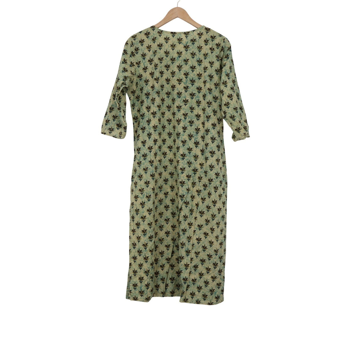 Green Floral Cotton Kurta Midi Dress Embroidered Sequin Tunic India Size 40