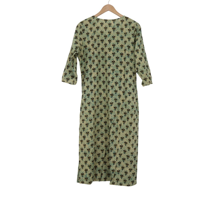 Green Floral Cotton Kurta Midi Dress Embroidered Sequin Tunic India Size 40