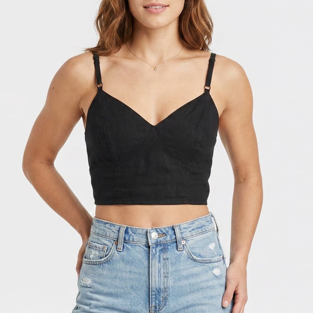 Universal Thread Black Linen Blend Cropped Camisole V-Neck Smocked Back Top M
