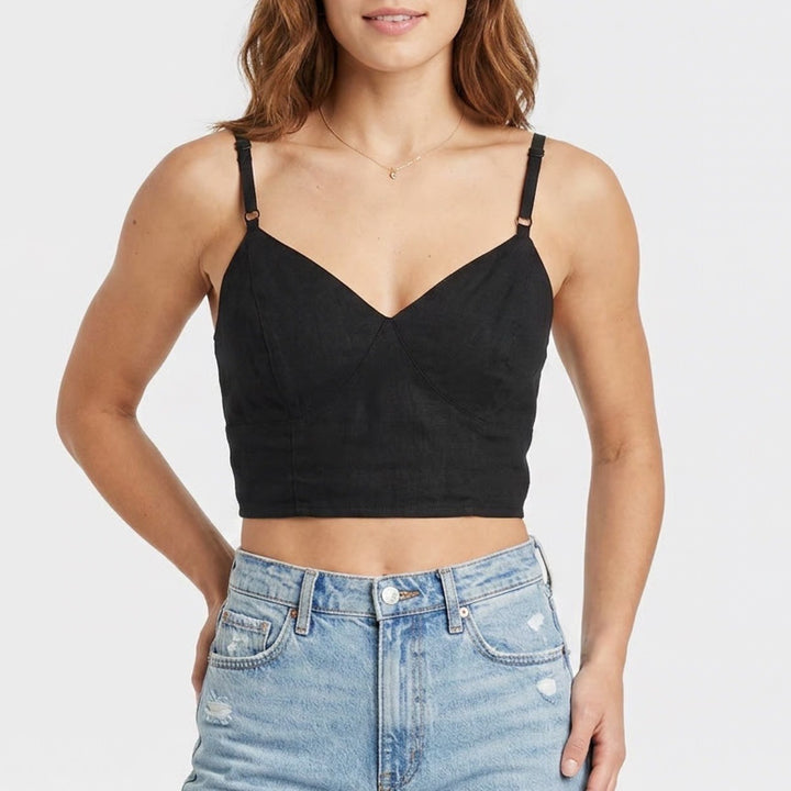 Universal Thread Black Linen Blend Cropped Camisole V-Neck Smocked Back Top M