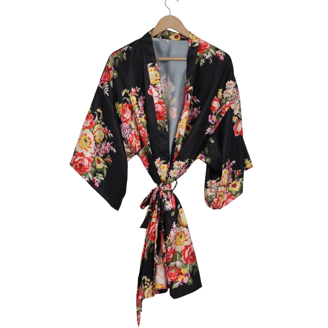 Black Floral Satin Kimono Robe One Size Short Dressing Gown Wide Sleeve Tie Belt