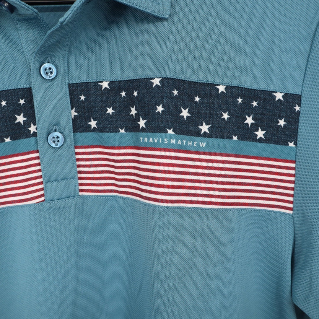 TravisMathew Good Good Patriot Blue Americana Stars Stripes Polo Shirt S