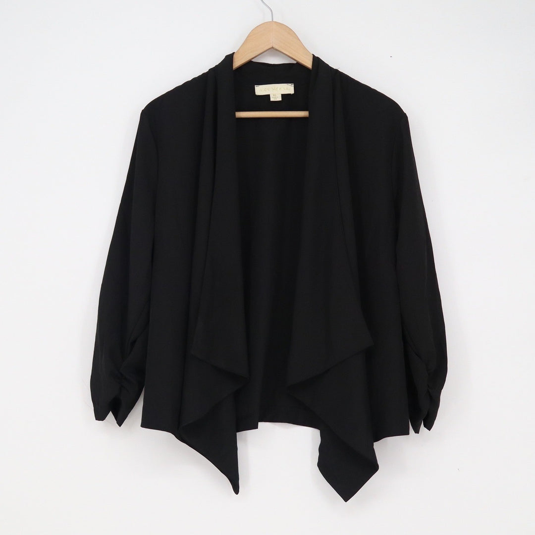 Nicki Minaj Black Waterfall Draped Open Front Blazer Ruched 3/4 Sleeve XL
