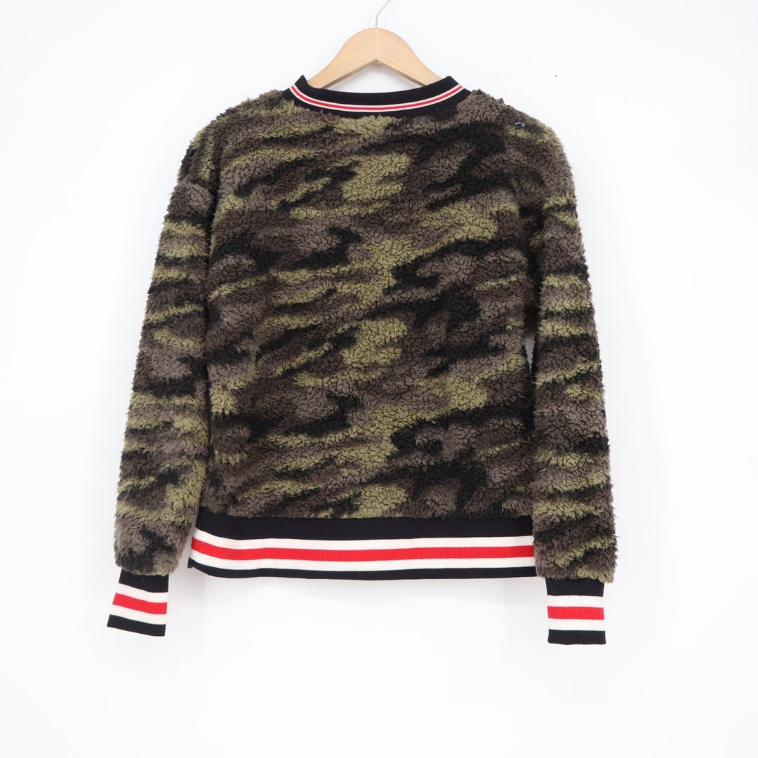 Derek Heart Camo Sherpa Fleece Pullover Sweater Green Brown Striped Trim Medium