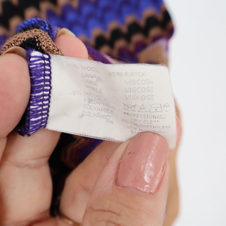 Missoni Vintage Purple Zigzag Knit Tie Neck Dress Wool Blend Made in Italy 42