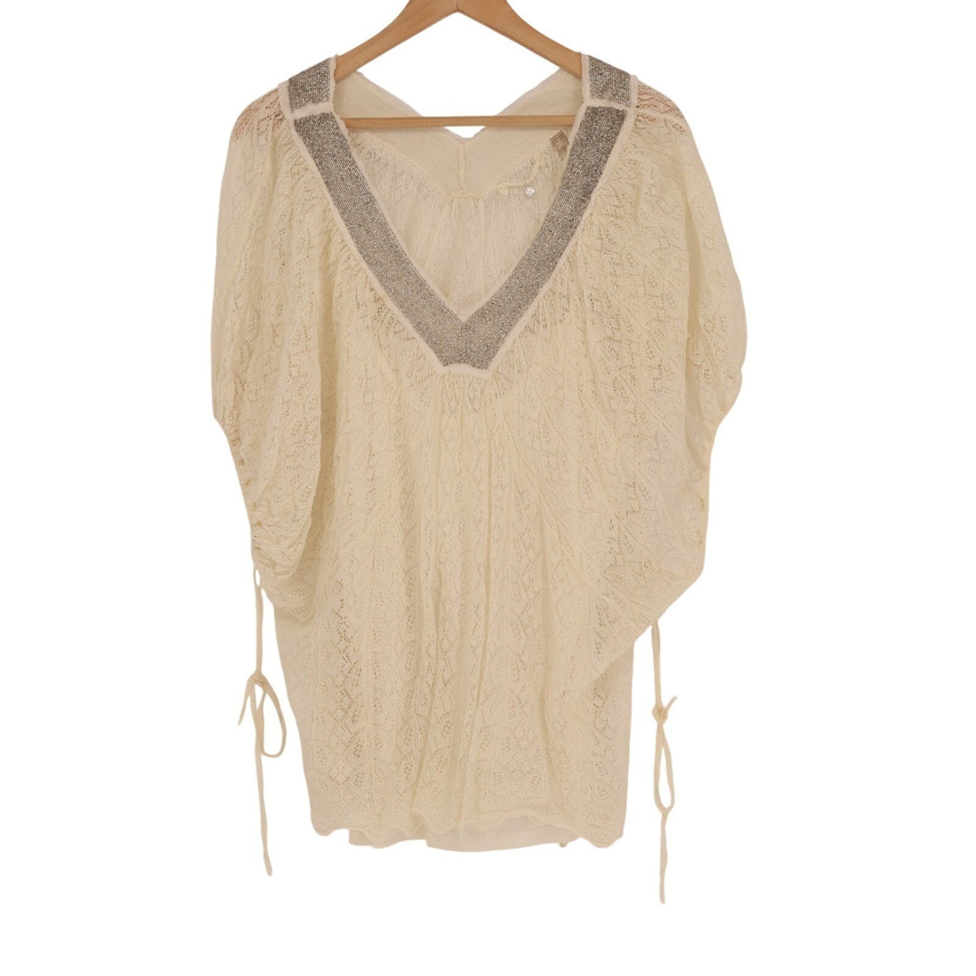 Anthropologie Knitted & Knotted Cille Lace Top Womens M Beige Embellished Detail