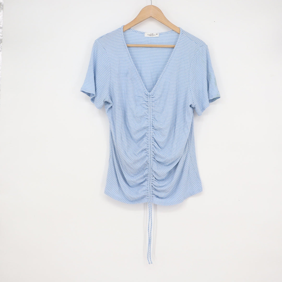 Rebellious Dreamer Blue White Striped Ruched Front Drawstring Top XL Womens