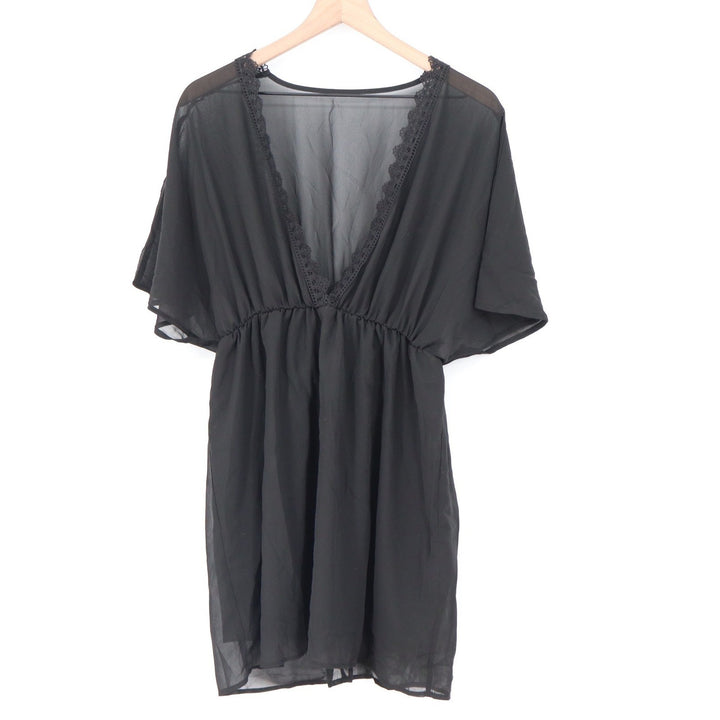 SHEIN Black Sheer Lace V-Neck Swim Cover Up Mini Dress Large KLF4451