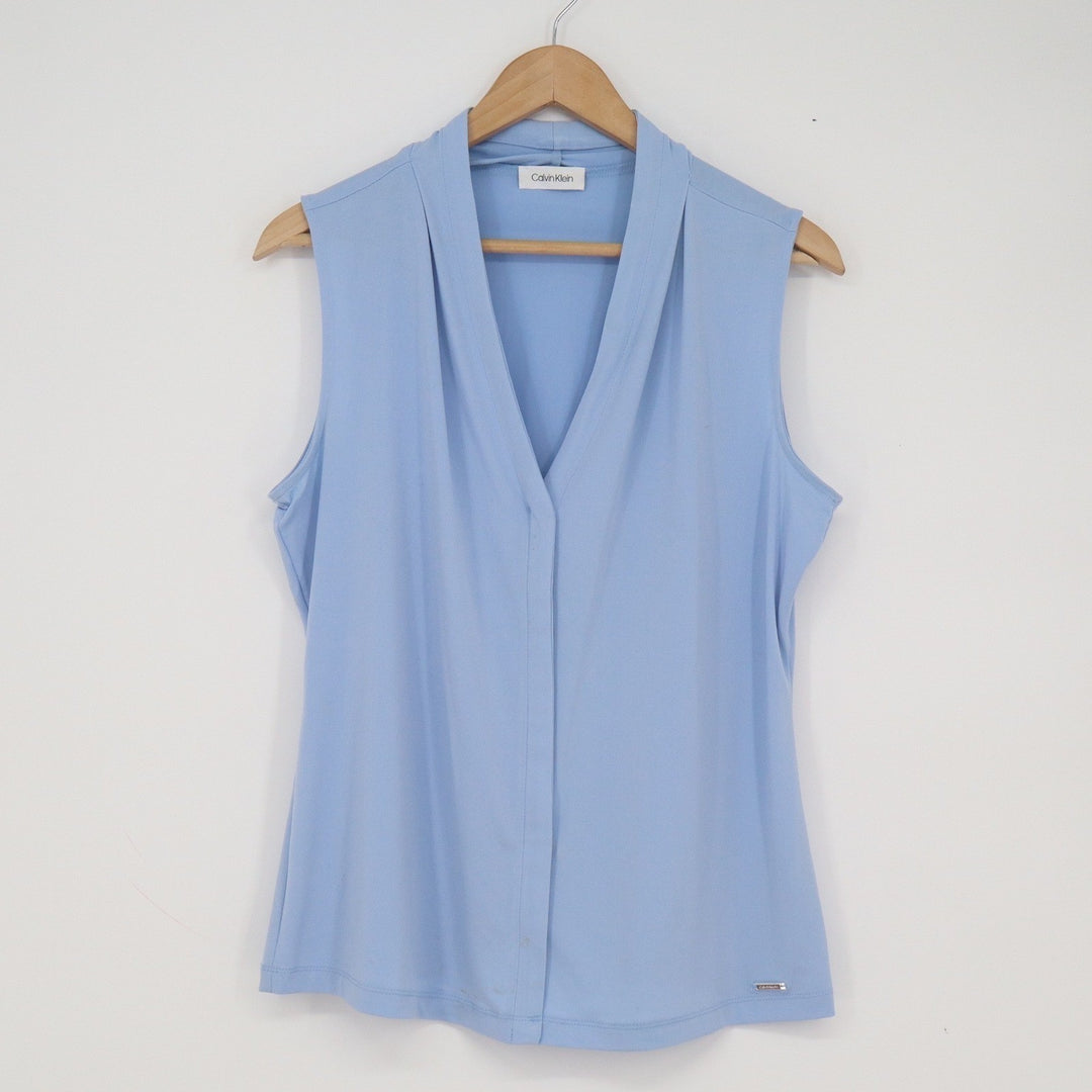 Calvin Klein Womens Sleeveless V-Neck Blouse Light Blue Size Medium