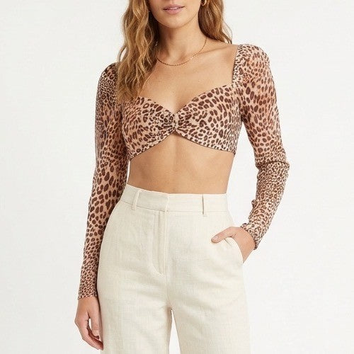 Naked Wardrobe The Statement Leopard Print Crop Top Long Sleeve Small