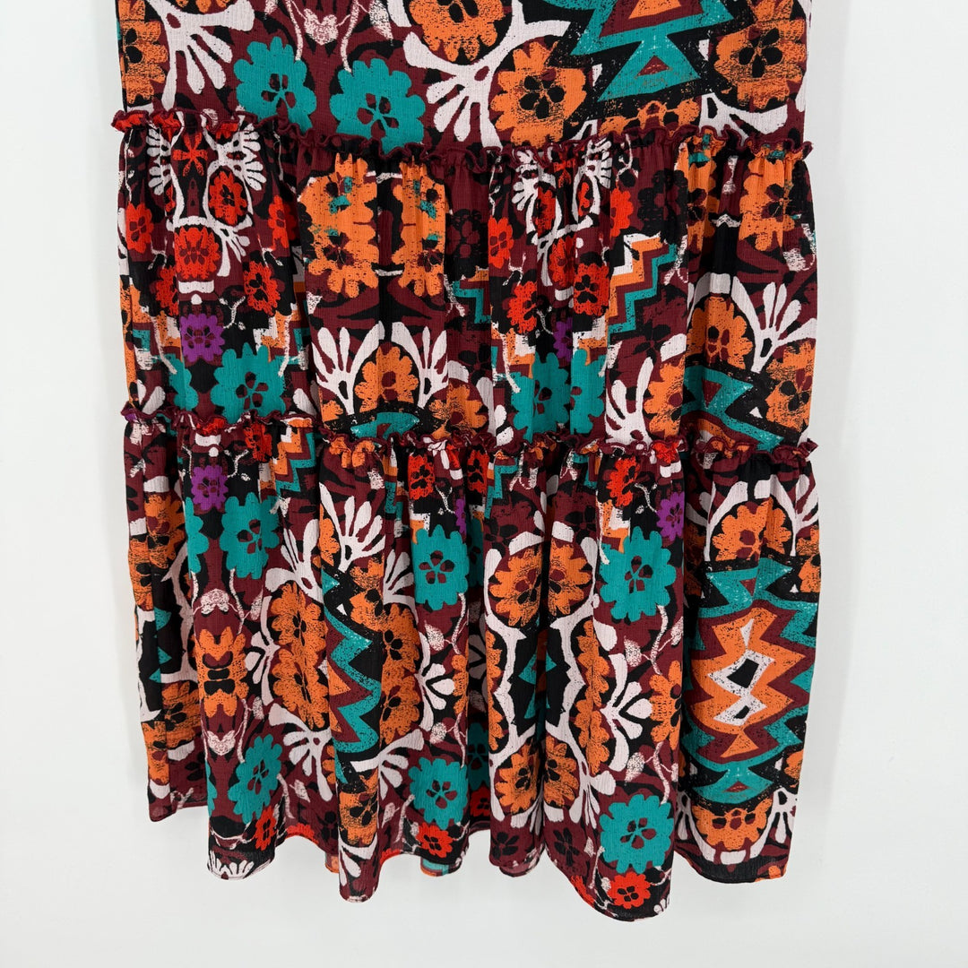 Josie Natori Tiered Maxi Skirt Womens XS Multicolor Aztec Floral Lined Smocked