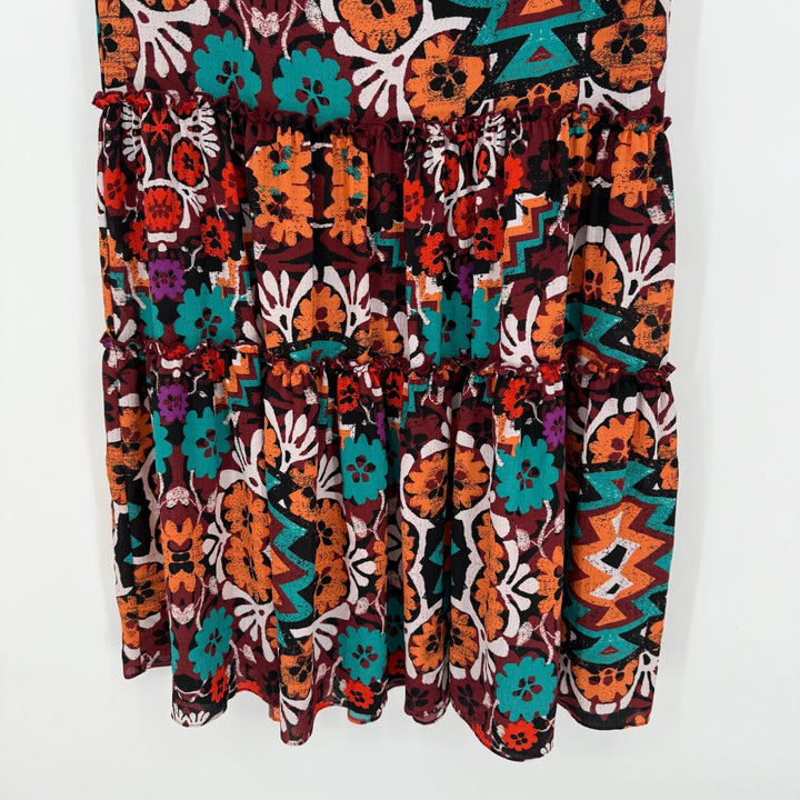 Josie Natori Tiered Maxi Skirt Womens XS Multicolor Aztec Floral Lined Smocked
