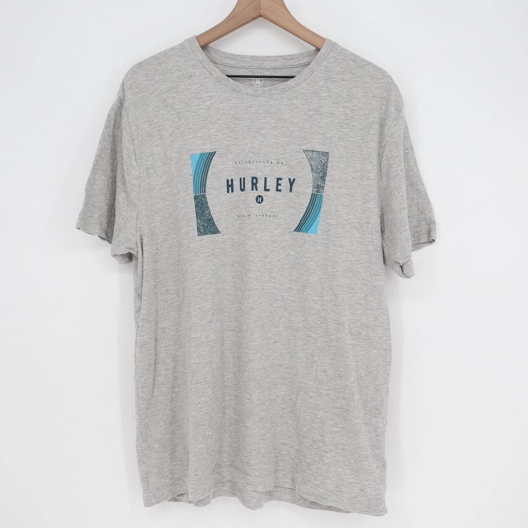 Hurley Mens Graphic T-Shirt Gray Short Sleeve Crew Neck Logo Surf Tee Size L
