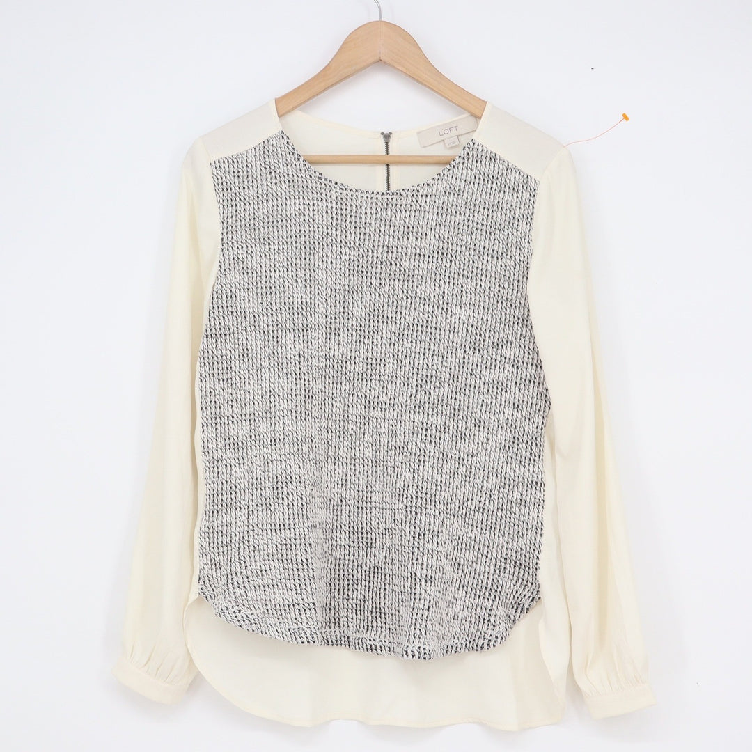 Loft Womens XS Blouse Ivory Black Textured Mixed Media Long Sleeve Zip Back