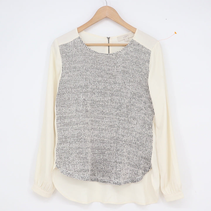 Loft Womens XS Blouse Ivory Black Textured Mixed Media Long Sleeve Zip Back