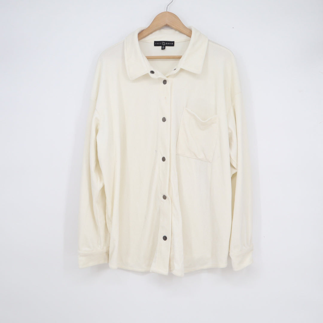 Fred David Ivory Ribbed Button Down Shacket Plus Size 2X XXL Cream Long Sleeve