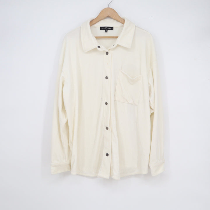 Fred David Ivory Ribbed Button Down Shacket Plus Size 2X XXL Cream Long Sleeve