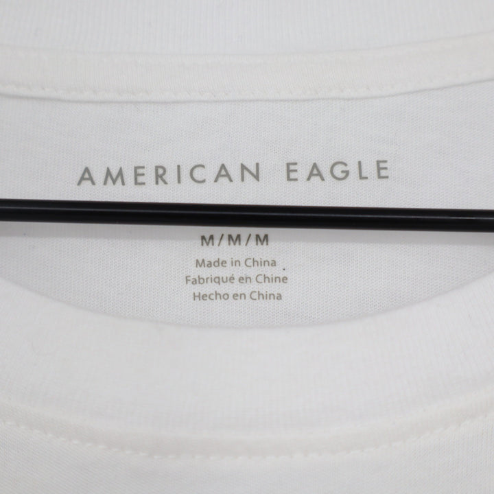 American Eagle White Graphic T-Shirt Navy AE Logo Pink Eagle Stitching Mens M