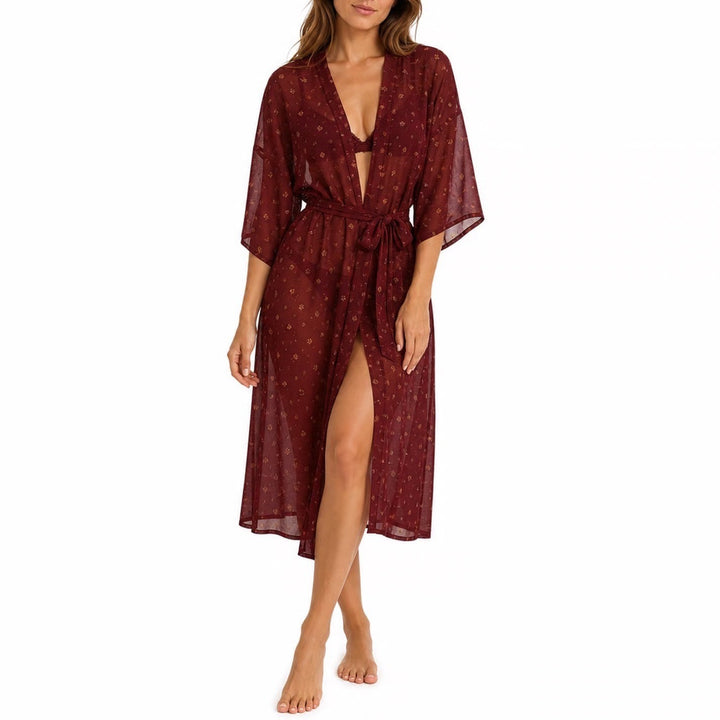 Burgundy Floral Sheer Kimono Robe Open Front Tie Waist Maxi Duster One Size