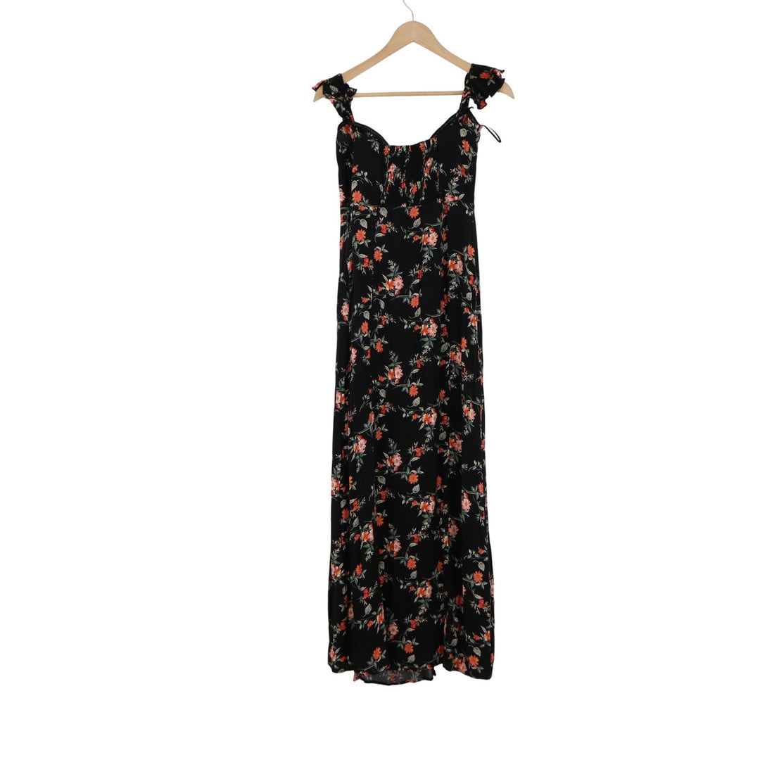 Ambiance Floral Maxi Dress Black Orange Ruffle Sleeve Slit Sweetheart Large