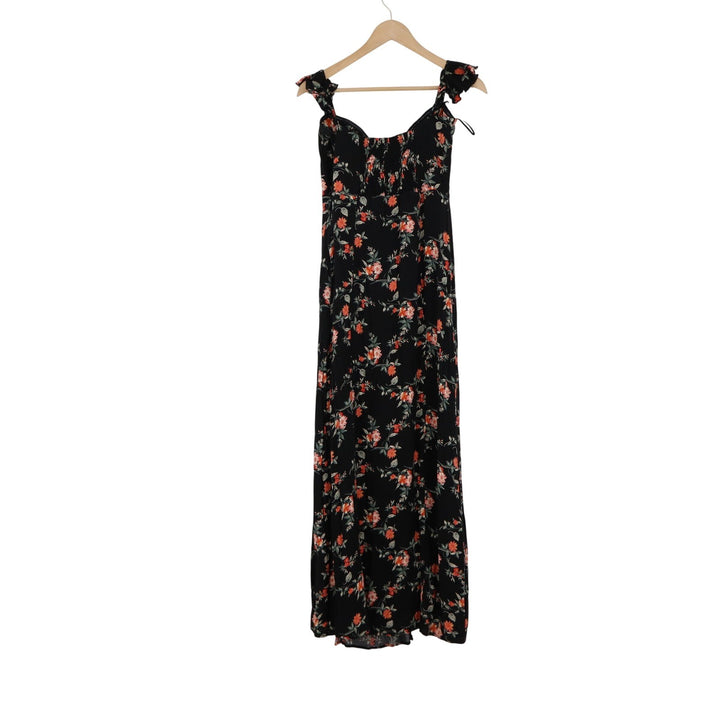 Ambiance Floral Maxi Dress Black Orange Ruffle Sleeve Slit Sweetheart Large