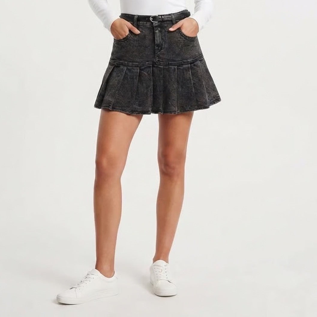 Wild Fable Acid Wash Black Pleated Denim Mini Skirt Skater Size 4