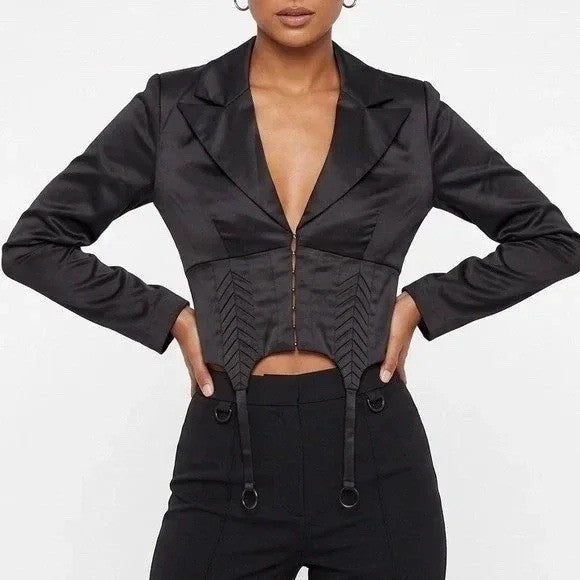 Naked Wardrobe Black Satin Cropped Garter Blazer Jacket O-Ring L