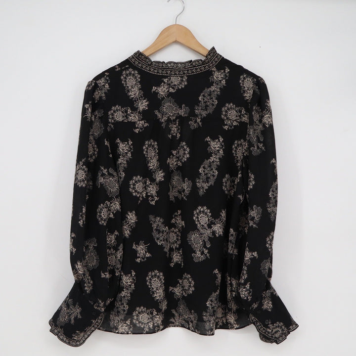 Max Studio London Black Beige Floral Paisley Ruffle Neck Blouse Top