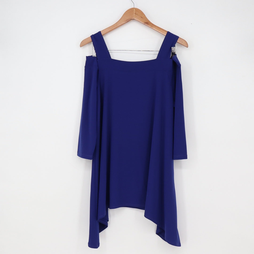 Clara Sunwoo Tunic Top Womens L Cold Shoulder Blue Sharkbite Hem Excellent