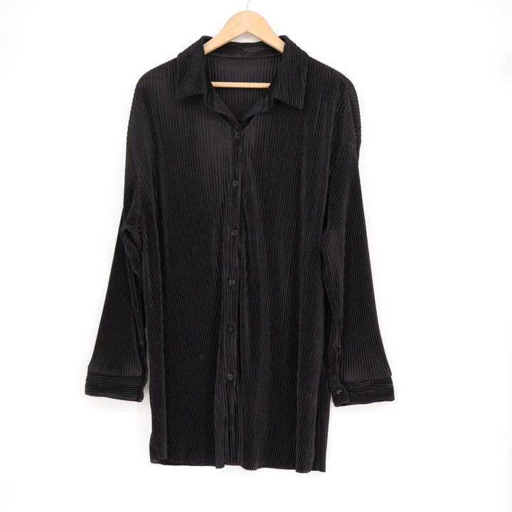 Shein Curve Shirt Women 2XL Black Textured Drop Shoulder Spread Collar Button Up