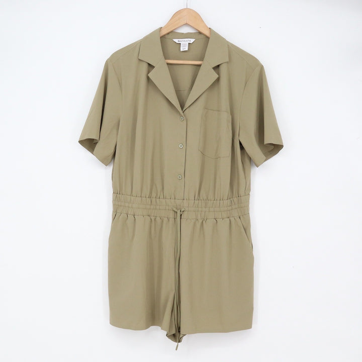 Athleta Romper Womens M Petite Brooklyn Utility Olive Green Button-Down