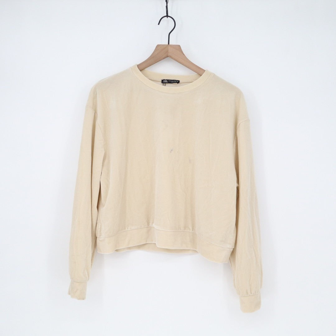 Zara Crop Sweatshirt Women's Medium Beige Stretch Long Sleeve Crew Neck Pullover