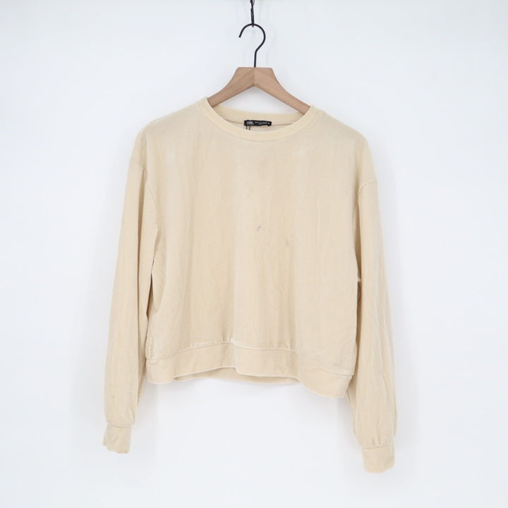 Zara Crop Sweatshirt Women's Medium Beige Stretch Long Sleeve Crew Neck Pullover