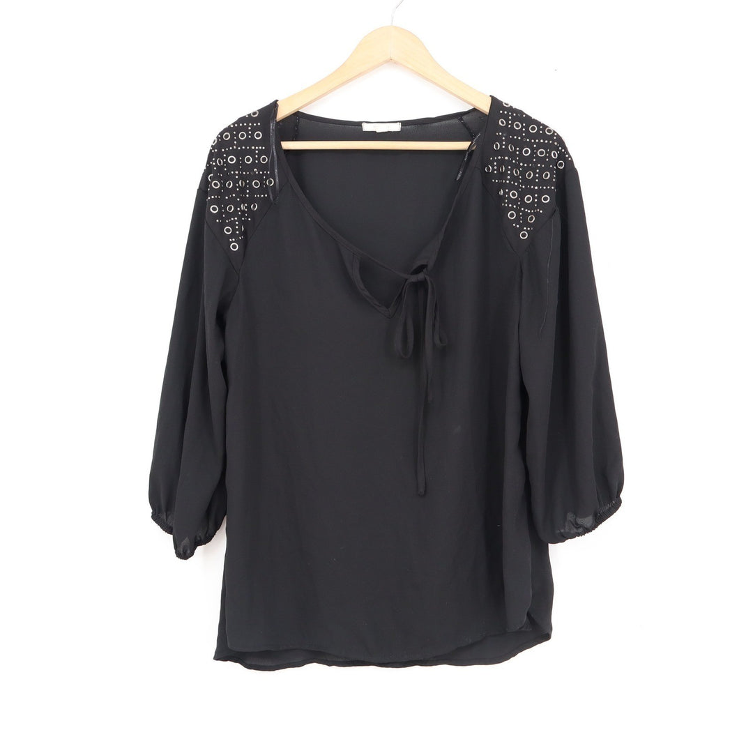 Pleione Black Studded Shoulder Tie Neck Chiffon Blouse M