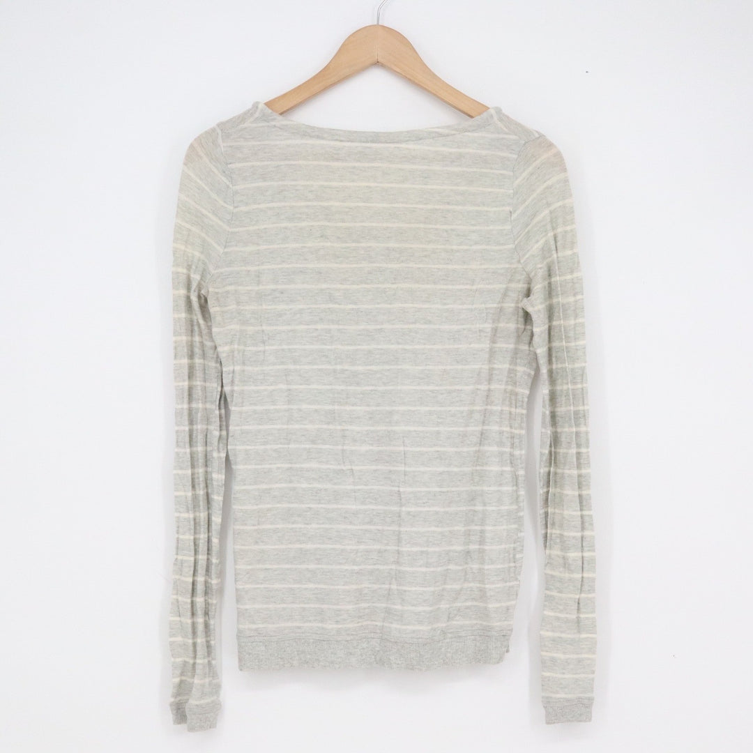 Merona Womens XS Grey White Striped Long Sleeve Cotton Scoop Neck Top Drawstring