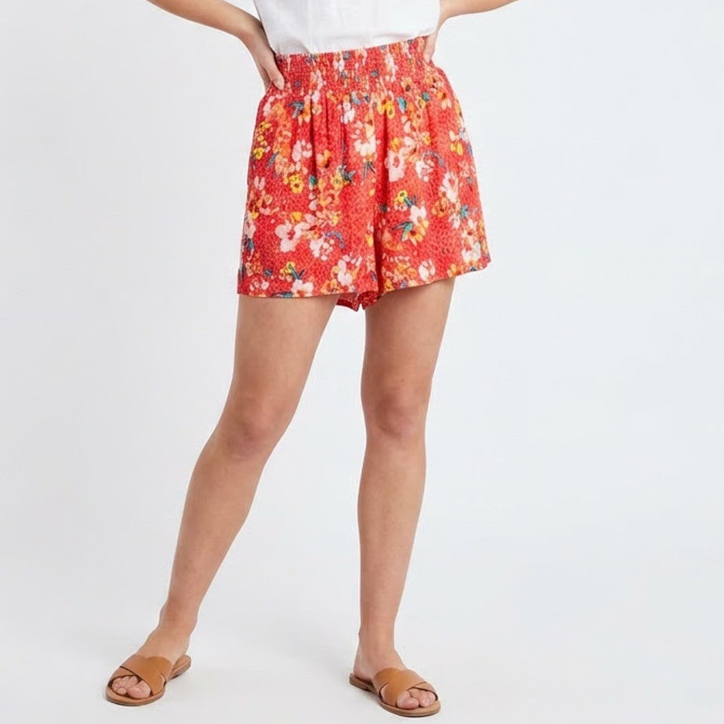 Torrid Red Floral Leopard Smocked Waist Shorts Plus Size 0 Relaxed Fit Summer