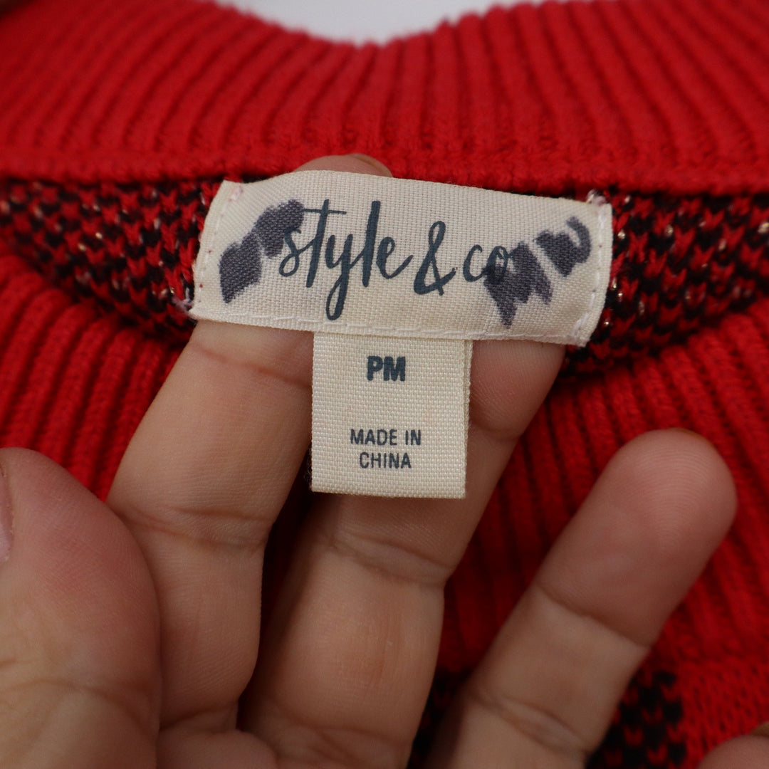 Style & Co Petite Red Black Buffalo Plaid Metallic Pullover Sweater