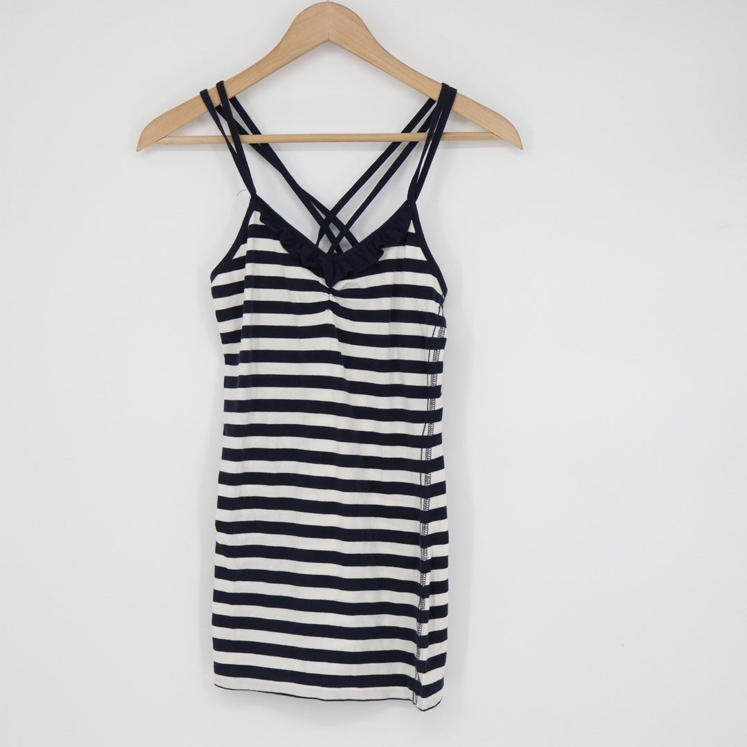 Wet Seal Navy White Striped Ruffle Cami Double Strap Crisscross Back Top Small