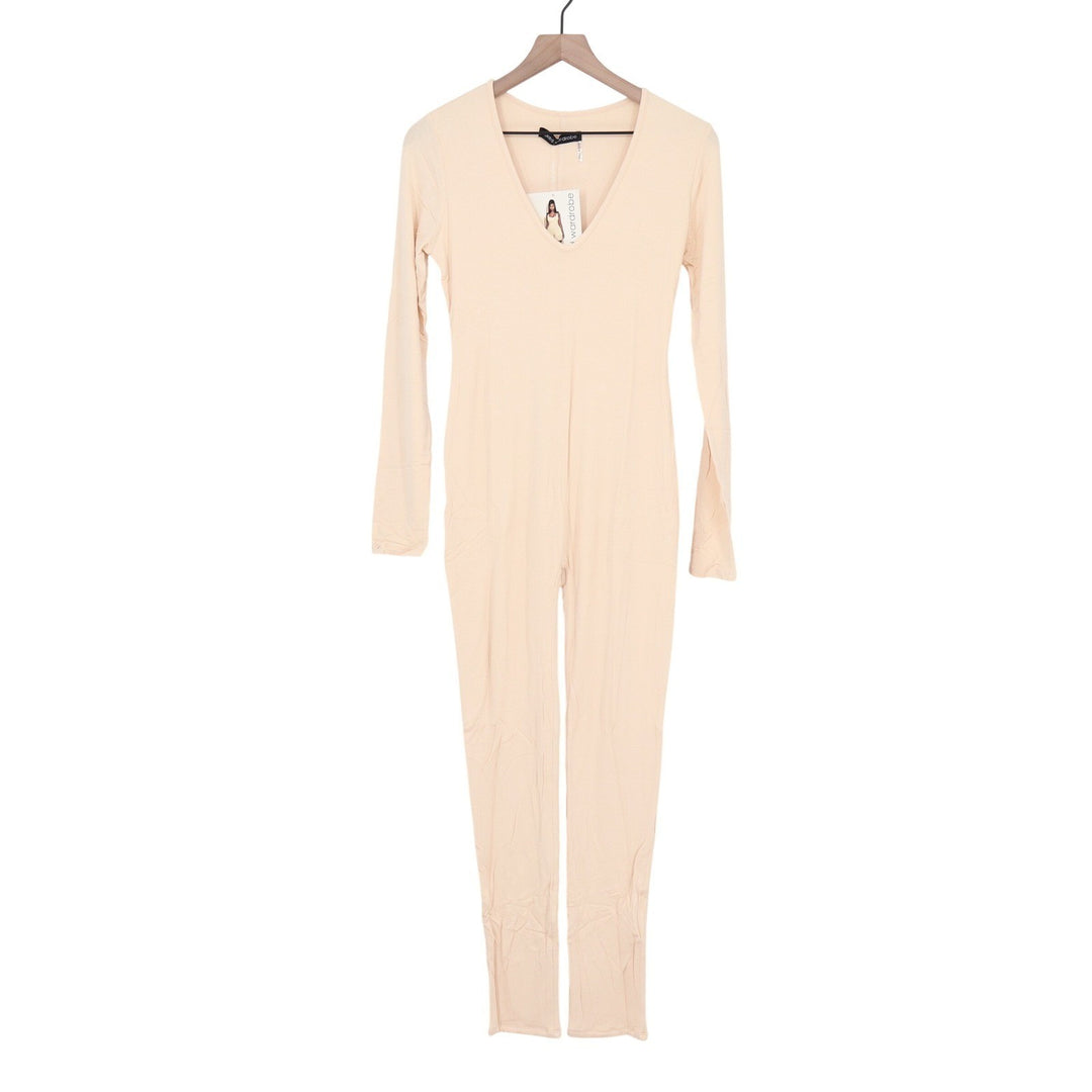 Naked Wardrobe Long Sleeve V-Neck Jumpsuit Peach Beige Size L NEW
